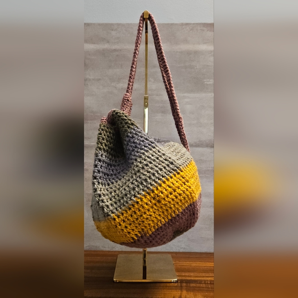 Crochet Drawstring Backpack - Purple & Gray - Picture 2 of 6